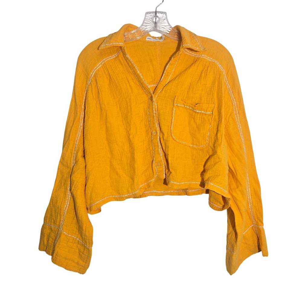 Avec Les Filles Small Yellow Gauze Cropped Button Down Shirt‎ Contrast Stitch